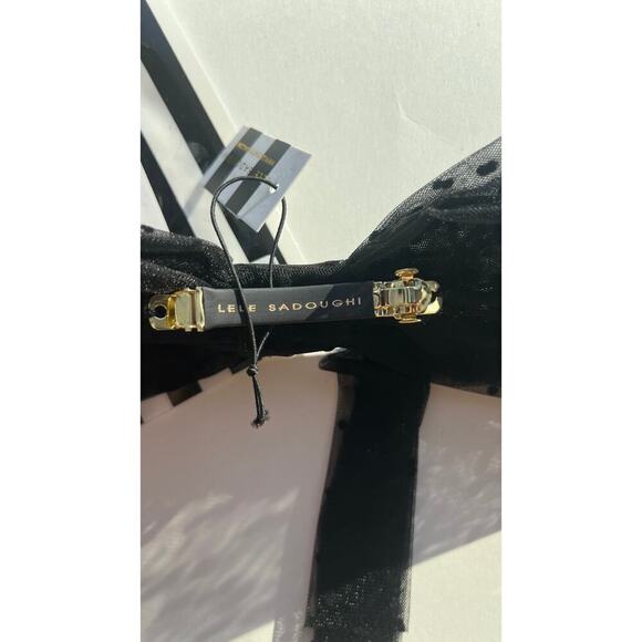 RARE Lele Sadoughi Black Sheer Bow Barrette Gold Charm Logo - Picture 7 of 8